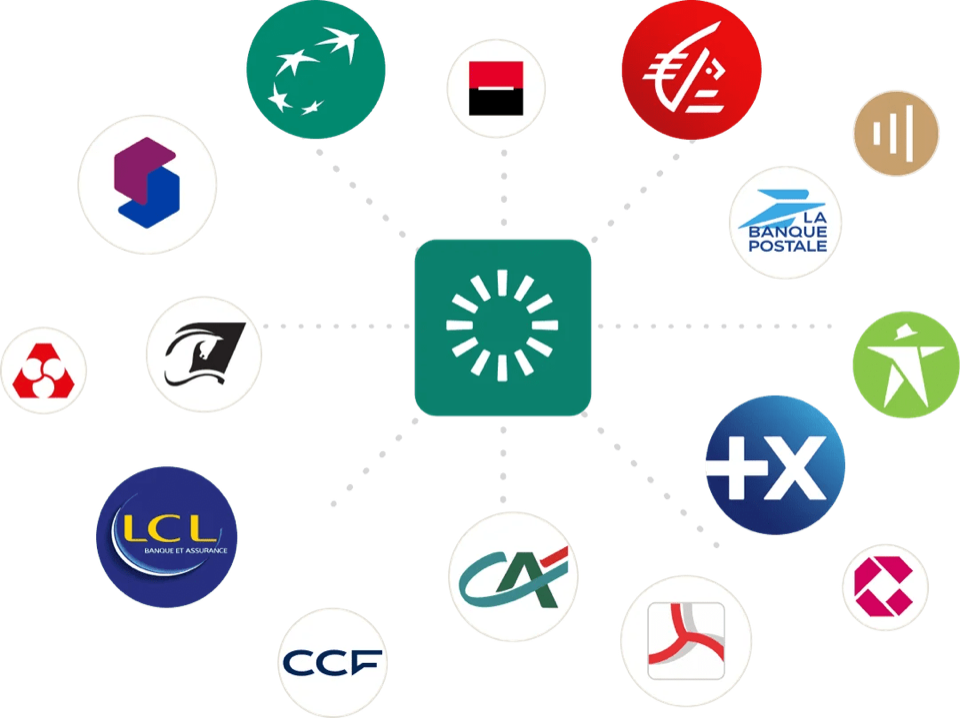 Constellation des partenaires bancaires : BNP Paribas, Société Générale, Caisse d'Épargne, La Banque Postale, Crédit Mutuel, Crédit Agricole, AXA Banque, LCL, CCF, Banque BCP, et plus de 90 autres.